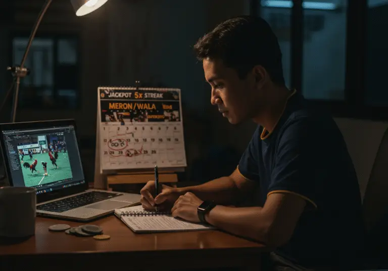 Seorang pria muda sedang menganalisis pola sabung ayam online di depan laptop dengan catatan tangan dan kalender bertema Meron-Wala serta jackpot 5x win beruntun di situs LinkenSV.